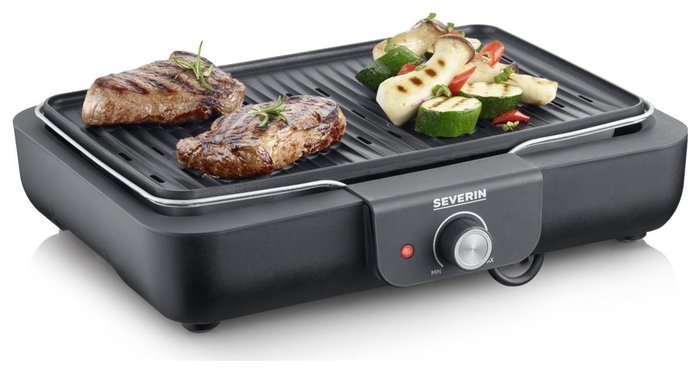 Severin PG8556 Barbacoa de mesa eléctrica con placa grill antiadherente estriada