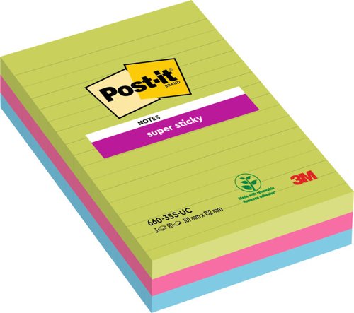 Post-it Blocs de Notas Adhesivas Super Sticky con Líneas Formato Grande, Pack de 3 Post-it Blocs de Notas Adhesivas Super Sticky con Líneas Formato Grande, Pack de 3