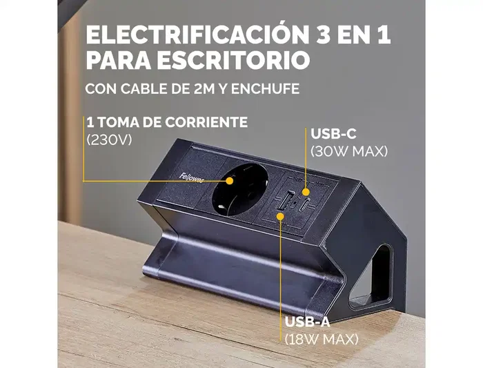 Fellowes Regleta de Sobremesa 1 Toma + USB-A + USB-C 30W, con Abrazadera y Cable de 2m, Negro Fellowes Regleta de Sobremesa 1 Toma + USB-A + USB-C 30W, con Abrazadera y Cable de 2m, Negro