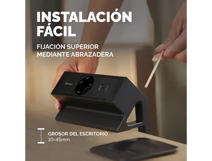 Fellowes Regleta de Sobremesa 1 Toma + USB-A + USB-C 30W, con Abrazadera y Cable de 2m, Negro Fellowes Regleta de Sobremesa 1 Toma + USB-A + USB-C 30W, con Abrazadera y Cable de 2m, Negro