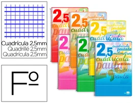 Liderpapel Cuaderno espiral folio pautaguía tapa blanda 80h 75gr cuadro pautado 2,5mm colores surtidos