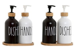 DKD Home Decor Dosificador Blanco Negro Cristal Bambu 8 x 19 x 15.5 cm Set 3 Piezas Capacidad 350ml