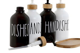 DKD Home Decor Dosificador Blanco Negro Cristal Bambu 8 x 19 x 15.5 cm Set 3 Piezas Capacidad 350ml