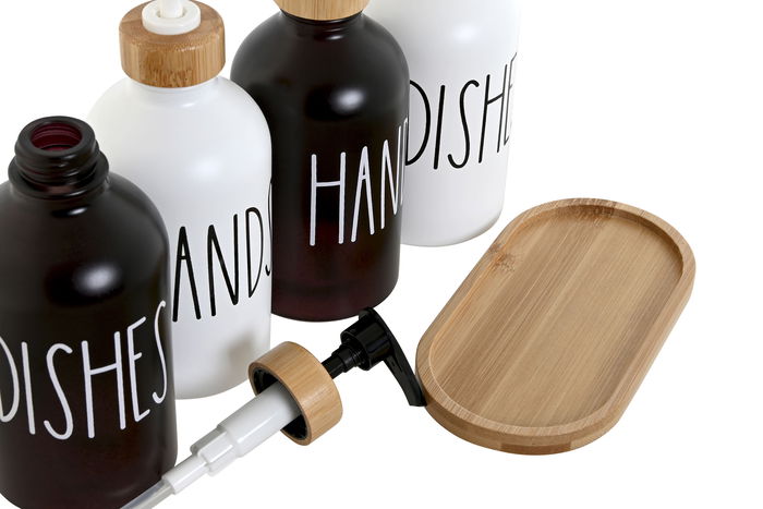 DKD Home Decor Dosificador Blanco Negro Cristal Bambu 8 x 19 x 15.5 cm Set 3 Piezas Capacidad 350ml