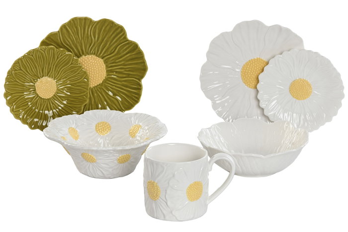 DKD Home Decor Bol de Porcelana Margaritas Blanco y Amarillo DKD Home Decor Bol de Porcelana Margaritas Blanco y Amarillo