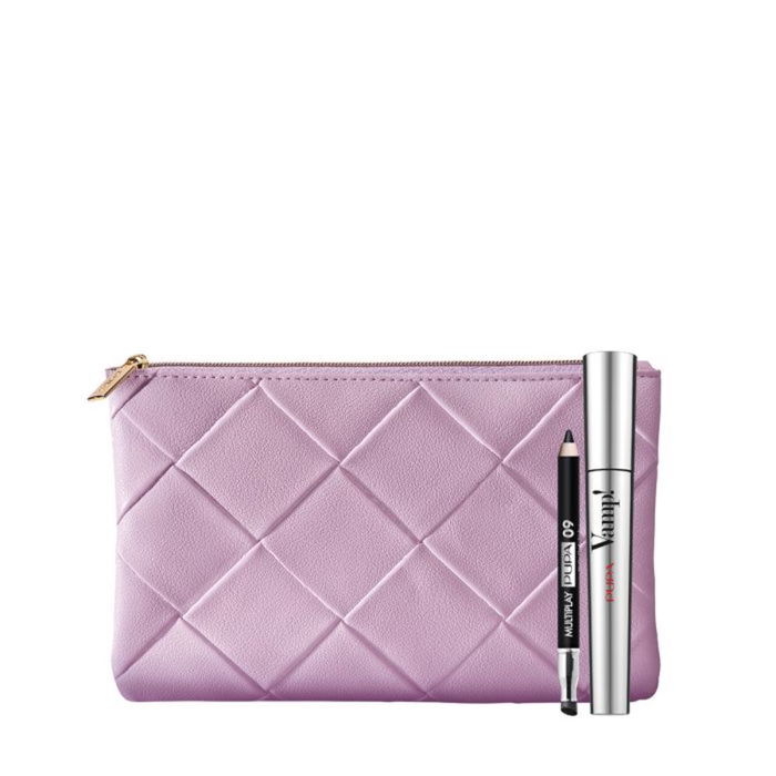 Set Pupa: Multiplay, Double-Ended, Eyeshadow & Kajal Eyeliner 2-In-1, 09, Deep Black, 1.2 g + Vamp!, Paraben-Free, Extra Volume, Mascara, 100, Black, 9 ml + Textile Makeup Bag, Pink