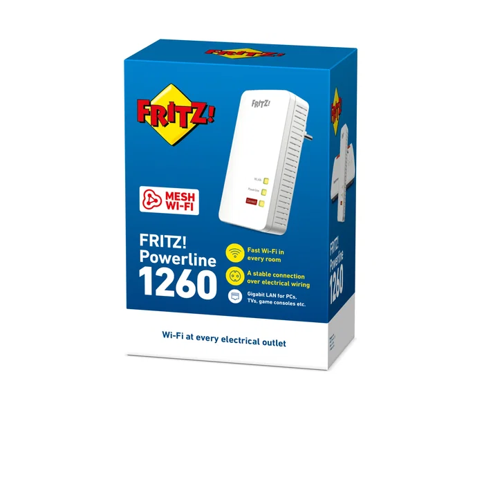 AVM FRITZ!Powerline 1260E - Adaptador PLC WiFi AC con 1200 Mbps, WLAN hasta 866 Mbps, 1 Puerto Gigabit, Blanco, 20002824