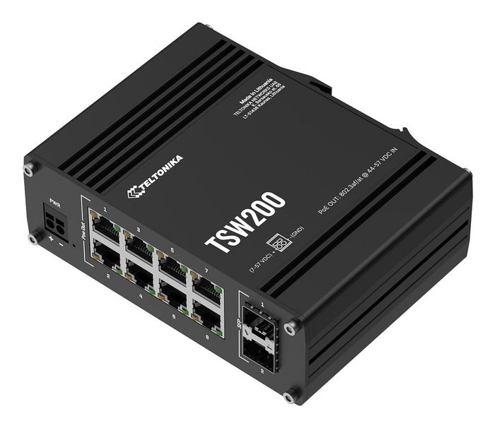 Teltonika Networks TSW200 - Conmutador Ethernet Industrial No Gestionado, 8 Puertos RJ-45 Gigabit, 2 Puertos SFP, PoE+ hasta 30W por Puerto, IP30