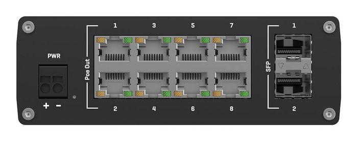 Teltonika Networks TSW200 - Conmutador Ethernet Industrial No Gestionado, 8 Puertos RJ-45 Gigabit, 2 Puertos SFP, PoE+ hasta 30W por Puerto, IP30