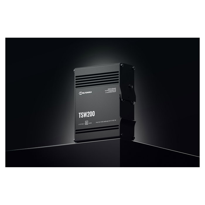 Teltonika TSW200 Switch Industrial 8 Puertos Gigabit No Administrado PoE+ (2 SFP), Montaje Pared/DIN, IP30, Aluminio