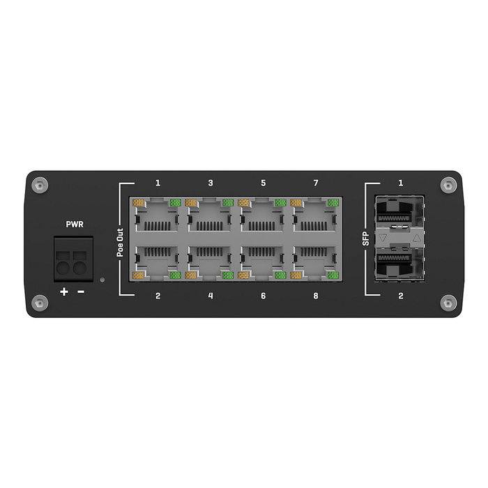 Teltonika TSW200 Switch Industrial 8 Puertos Gigabit No Administrado PoE+ (2 SFP), Montaje Pared/DIN, IP30, Aluminio