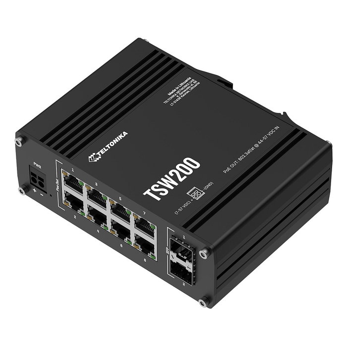 Teltonika TSW200 Switch Industrial 8 Puertos Gigabit No Administrado PoE+ (2 SFP), Montaje Pared/DIN, IP30, Aluminio