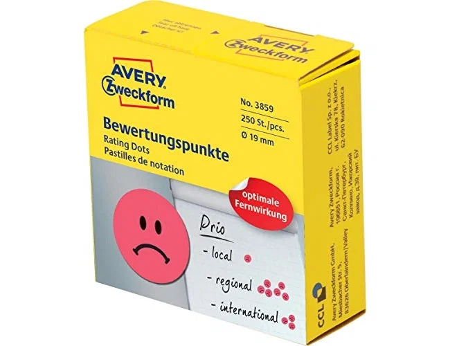 Avery Etiquetas adhesivas cara malhumorada roja 19 mm, 250 unidades Avery Etiquetas adhesivas cara malhumorada roja 19 mm, 250 unidades