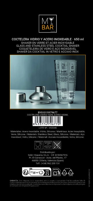 Inde Coctelera de Vidrio con Tapa de Acero 650 ml My Bar 10,4 x 10,2 x 21,2 cm (12 Unidades) Inde Coctelera de Vidrio con Tapa de Acero 650 ml My Bar 10,4 x 10,2 x 21,2 cm (12 Unidades)