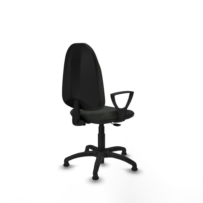 Silla de oficina Algarra con mecanismo Contacto permanente básico tapizada con Tela color Negro. Equipada con Base poliamida negra, Brazos fijosy Topes