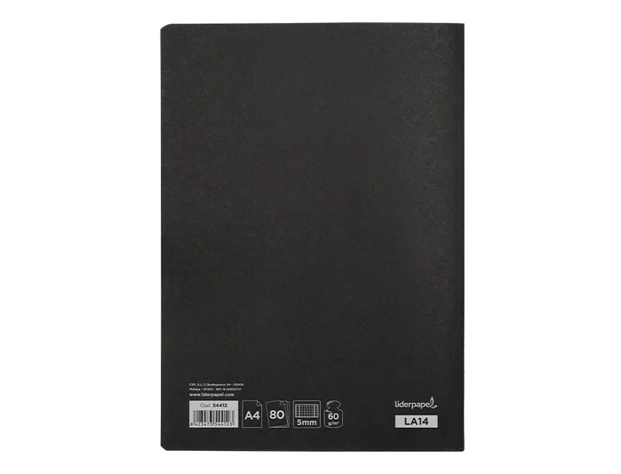 Liderpapel Libreta tapa negra A4 80 hojas cuadro 5mm con doble margen