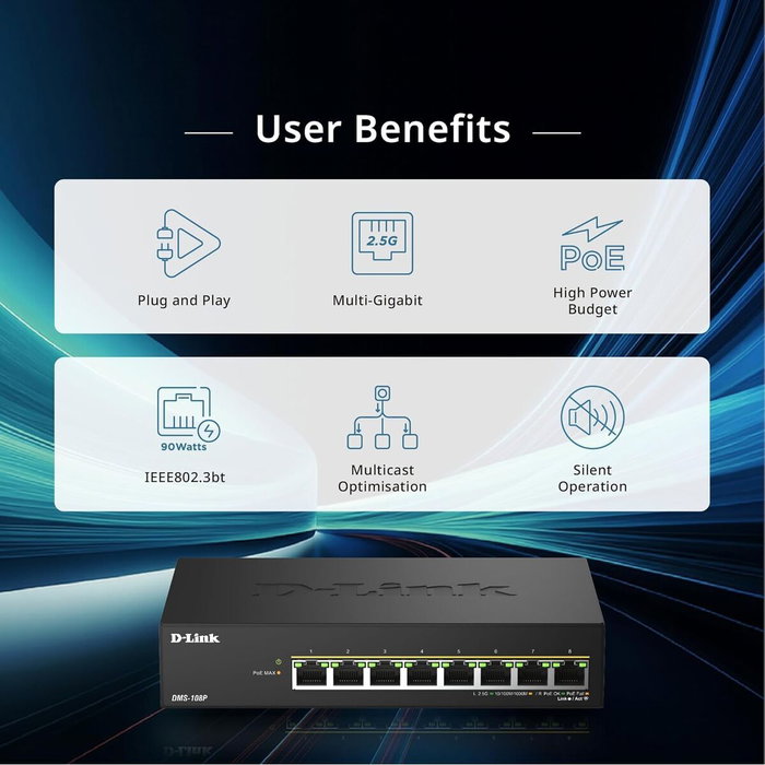 D-Link DMS-108P/E Switch 8 Puertos 2.5G Multi-Gigabit PoE++ Negro D-Link DMS-108P/E Switch 8 Puertos 2.5G Multi-Gigabit PoE++ Negro