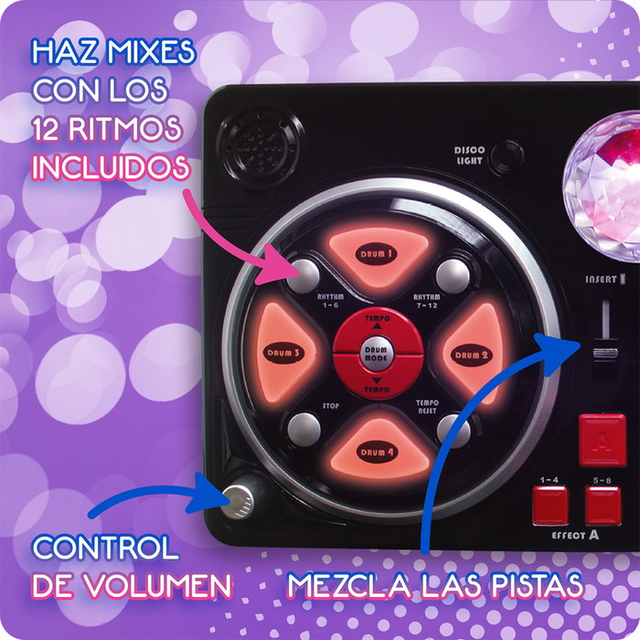 Deqube Mesa de Mezclas DJ Disco con Efectos, Bola de Discoteca y Entrada de Línea para Niños +3 Años