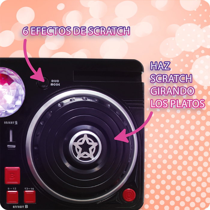 Deqube Mesa de Mezclas DJ Disco con Efectos, Bola de Discoteca y Entrada de Línea para Niños +3 Años