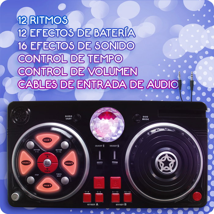 Deqube Mesa de Mezclas DJ Disco con Efectos, Bola de Discoteca y Entrada de Línea para Niños +3 Años