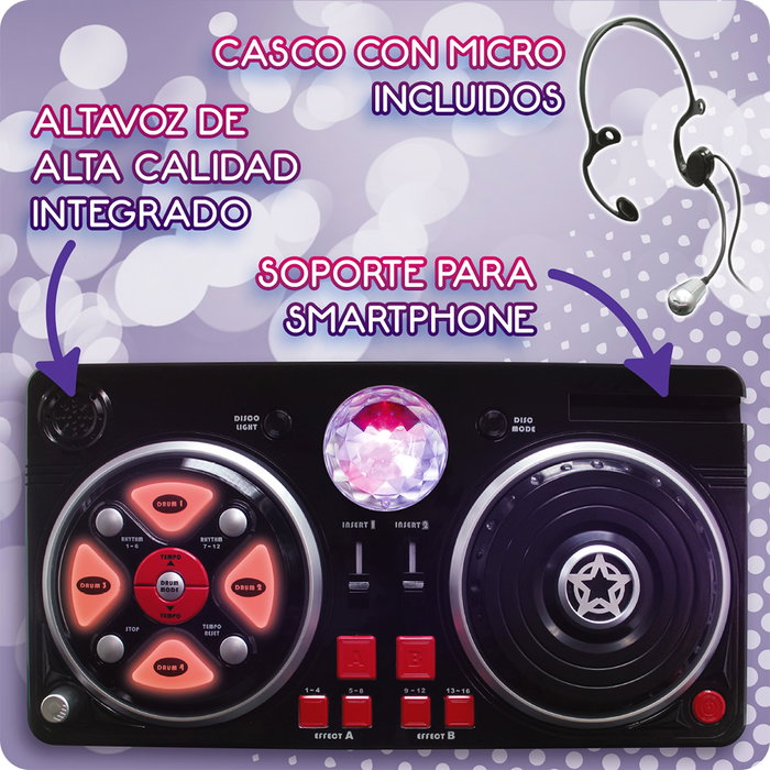 Deqube Mesa de Mezclas DJ Disco con Efectos, Bola de Discoteca y Entrada de Línea para Niños +3 Años