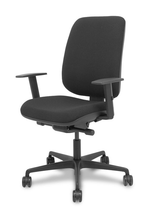 Silla de oficina Alares con mecanismo Sincro/Traslack tapizada con Tela color Negro. Equipada con Base nailon negra, Brazos 1D y Ruedas 65mm nailon