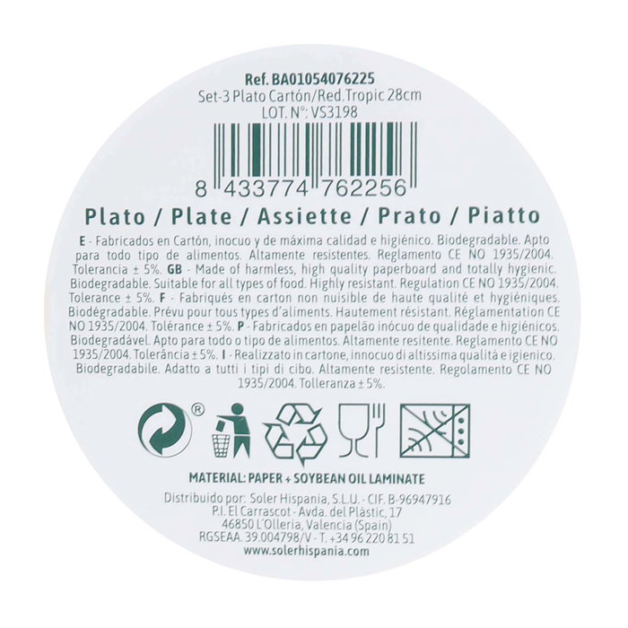 Algon Set 3 Platos Cartón Redondos Diseño Tropic 28.5 cm (24 Unidades)