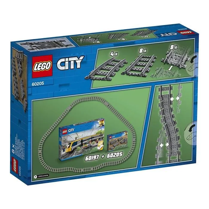 LEGO 60205 Rieles para Trenes LEGO City, Incluye 8 Rieles Rectos, 4 Curvos y 8 Flexibles