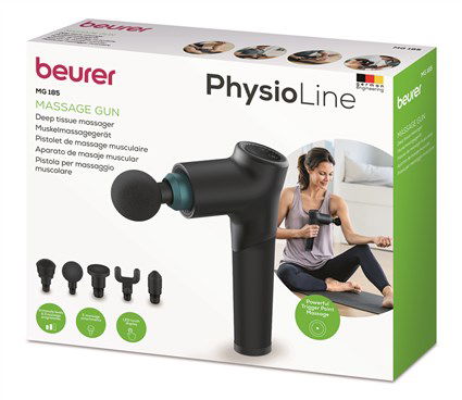Beurer MG-185 Pistola de Masaje Muscular, 9 Niveles de Intensidad, 3000 Impulsos/Minuto, Mango Ergonómico, 5 Accesorios, Incluye Maletín
