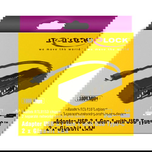 DeLOCK Adapter USB-C a 2x Gigabit LAN (ST-BU) - Negro