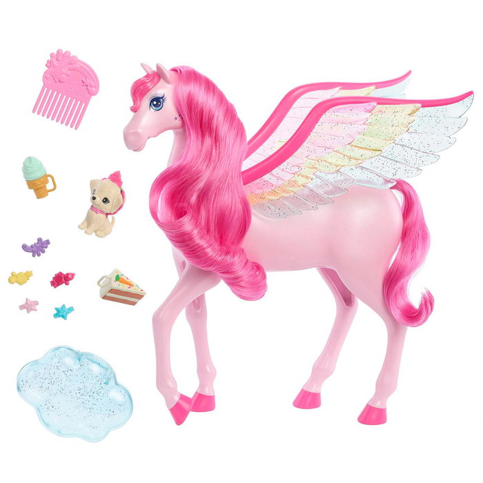 Mattel Caballo Pegaso de Barbie Un Toque de Magia con Luces y Sonidos, Perrito Mágico y Accesorios