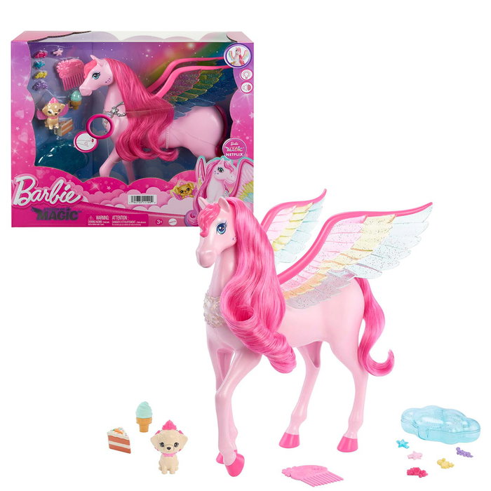 Mattel Caballo Pegaso de Barbie Un Toque de Magia con Luces y Sonidos, Perrito Mágico y Accesorios
