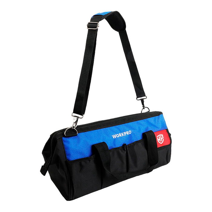 Workpro Bolsa de Herramientas con Cremallera Ancha 46 cm / 460 mm, Correa Ajustable, Compartimiento Principal + 13 Bolsillos