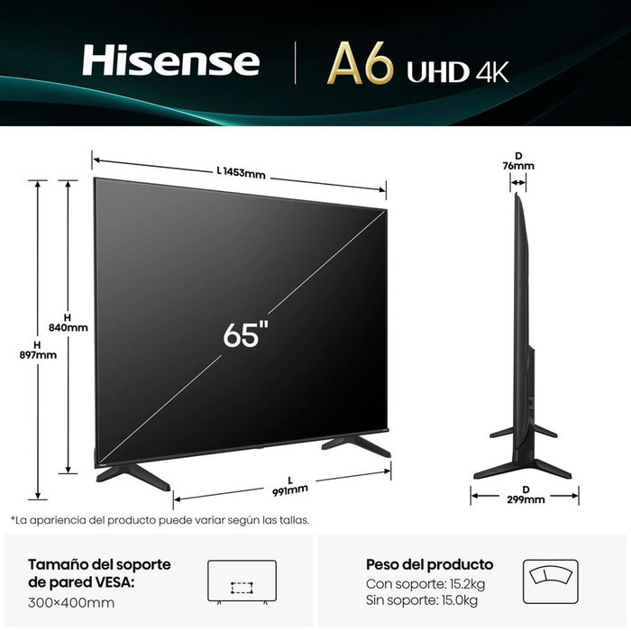 Hisense 65A6Q 65 Pulgadas Televisor LED 4K UHD Smart TV, Serie A6Q, Dolby Vision, Game Mode, VIDAA U8.5, Bluetooth 5.0, Alexa/Asistente por Voz Hisense 65A6Q 65 Pulgadas Televisor LED 4K UHD Smart TV, Serie A6Q, Dolby Vision, Game Mode, VIDAA U8.5, Bluetooth 5.0, Alexa/Asistente por Voz