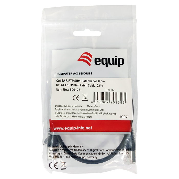 EQUIP Cable de red Patchkabel Cat6A F/FTP 2xRJ45 0.50m Negro, Slim, LSZH, Conector chapado en oro, 10GBase-T, PoE+, CE