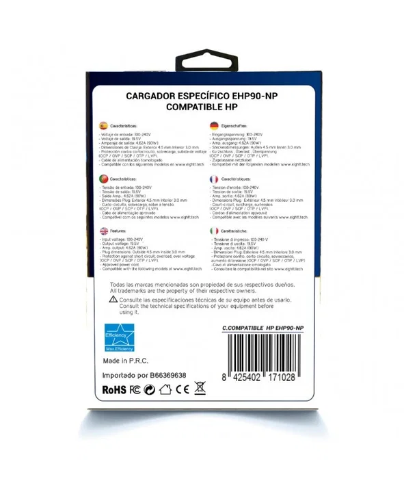 Eightt EHP90NP Cargador de 90W 19V para HP Eightt EHP90NP Cargador de 90W 19V para HP