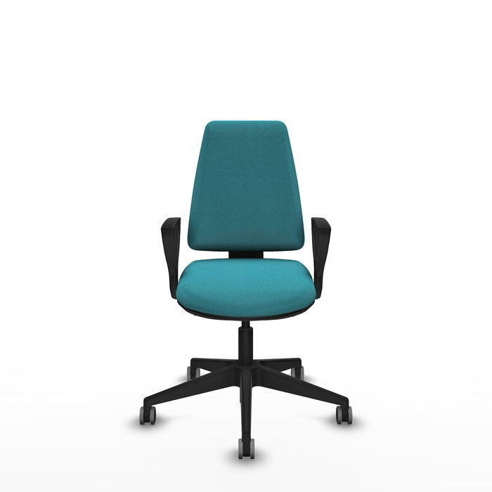 Silla de oficina Elche con mecanismo Asincro tapizada con Tela color Turquesa. Equipada con Base piramidal negra, Brazos fijos y Ruedas 65 mm parqué