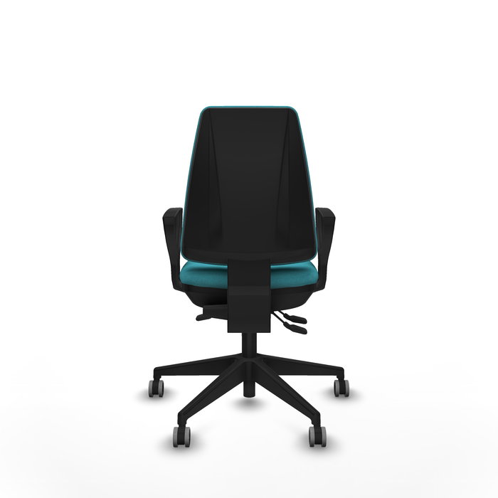 Silla de oficina Elche con mecanismo Asincro tapizada con Tela color Turquesa. Equipada con Base piramidal negra, Brazos fijos y Ruedas 65 mm parqué