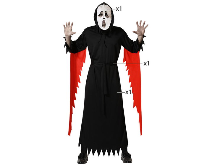 Disfraz Asesino Hombre Adulto para Halloween con Máscara Blanca y Túnica Negra, Talla XL