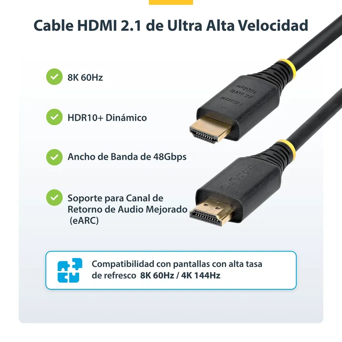 StarTech.com Cable HDMI 2.1 Ultra Alta Velocidad Certificado HDMI21-CBL-8K60-50CM - 8K 60Hz 4K 120Hz 48Gbps 0.5 m Negro, Compatible con HDR10+, Dolby Vision, eARC, HDCP 2.3