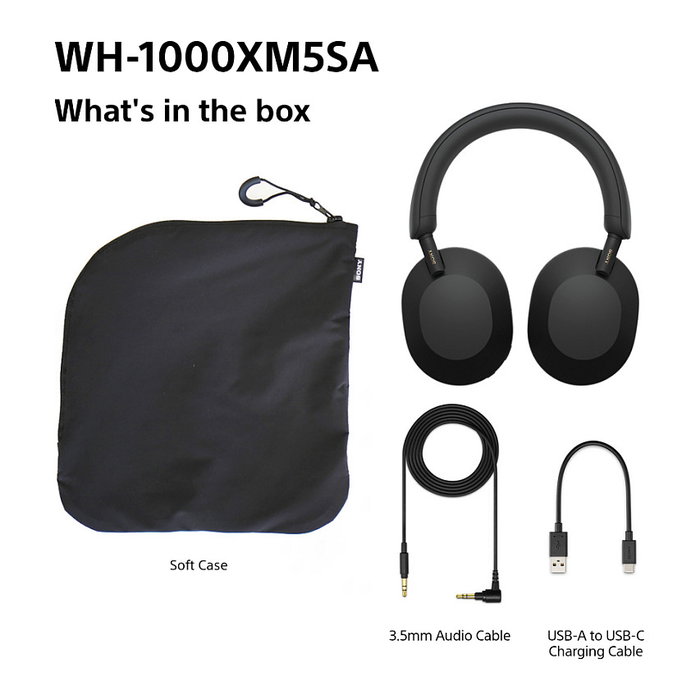 SONY Auriculares Diadema Inalámbricos WH-1000XM5SA Negro, Cancelación de Ruido, Bluetooth 5.2, 40 Horas de Autonomía, Respuesta en Frecuencia 4 - 40000 Hz, Incluye Funda