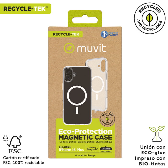 Muvit Funda Recycletek MagSafe para Apple iPhone Fabricada con Materiales 100% Reciclados y Reciclable