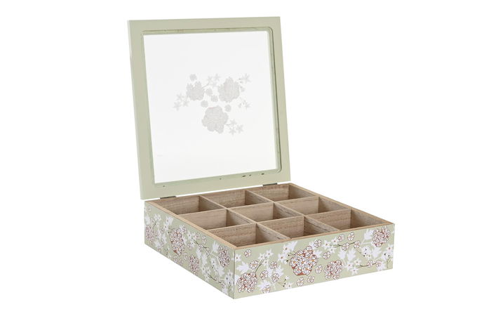 DKD Home Decor Ivy&daisy 2022 Caja de Infusiones Tradicional Verde Beige 24 x 6.5 x 24 cm (4 Unidades)