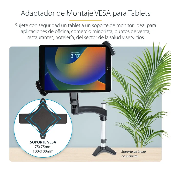 StarTech.com TABLET-VESA-ADAPTER Adaptador de Montaje VESA con Abrazadera para Tablet 7.9" a 12.5", Soporte Pasivo Interior Antirrobo, Peso Máx. 2 kg, Negro