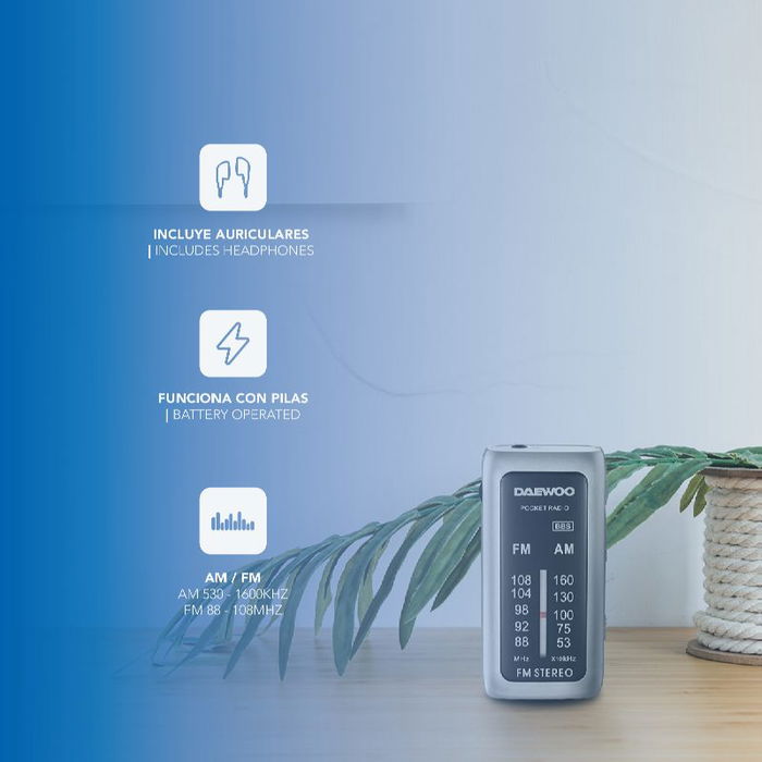 DAEWOO Radio AM/FM Mini Portátil con Auriculares Incluidos y Sonido Superbass