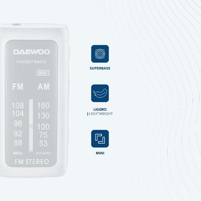 DAEWOO Radio AM/FM Mini Portátil con Auriculares Incluidos y Sonido Superbass