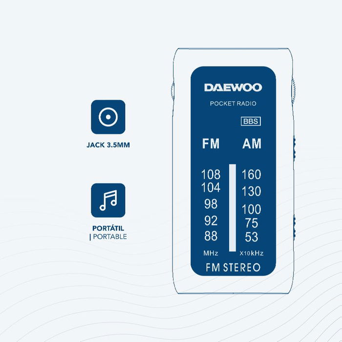 DAEWOO Radio AM/FM Mini Portátil con Auriculares Incluidos y Sonido Superbass