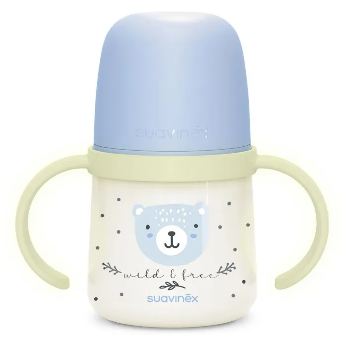 Suavinex Biberón con asa NIGHT&DAY WILD&FREE 150 ml - A partir de 6 meses - Azul
