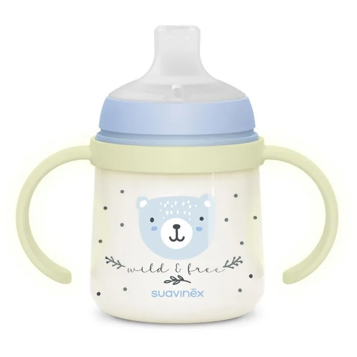 Suavinex Biberón con asa NIGHT&DAY WILD&FREE 150 ml - A partir de 6 meses - Azul