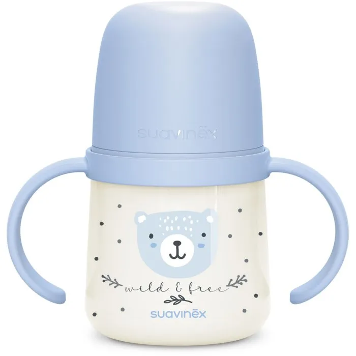 Suavinex Biberón con asa NIGHT&DAY WILD&FREE 150 ml - A partir de 6 meses - Azul